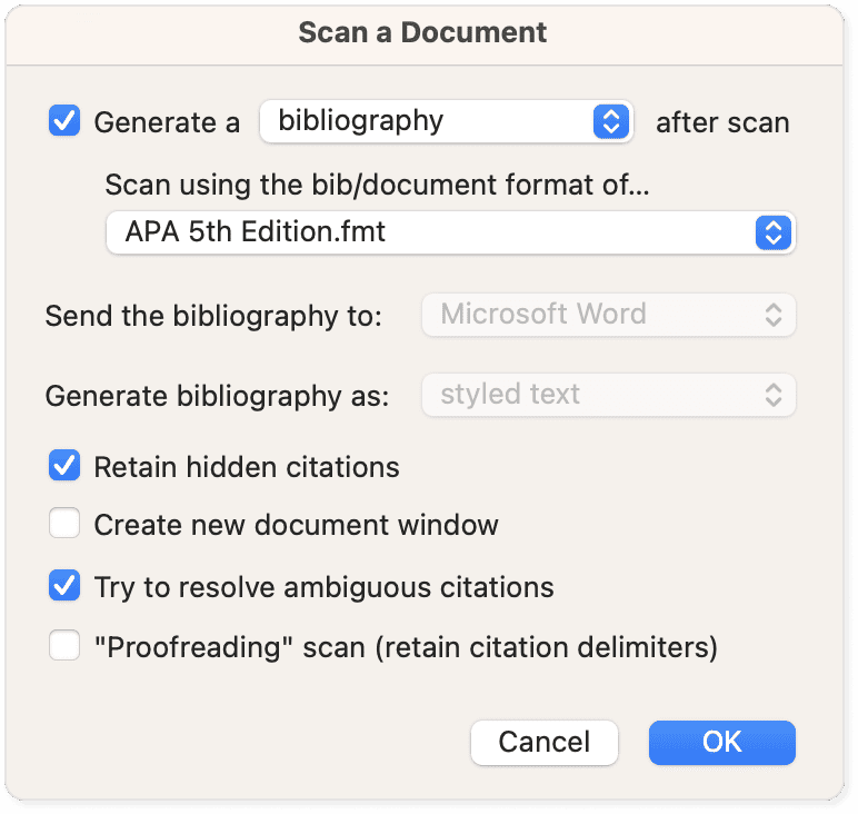 Bookends scan document dialog